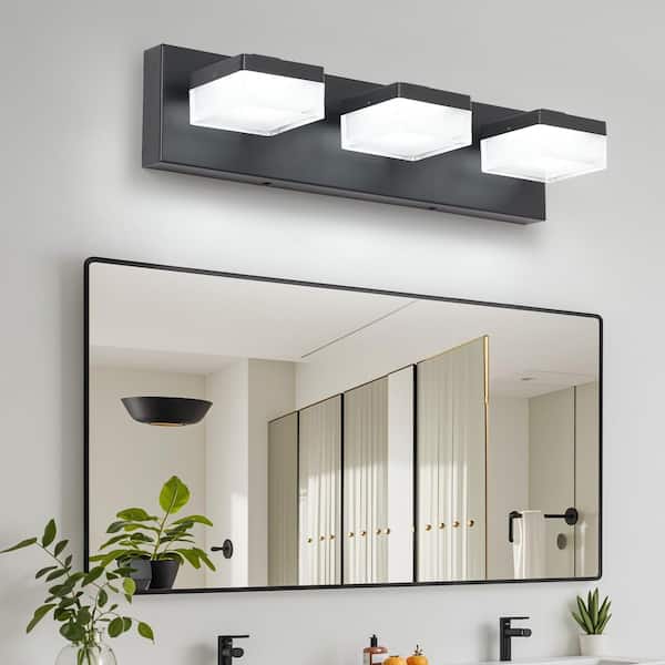 Modern 18.1 in. 3-Light Matte Black LED Vanity Light Dimmable Bathroom with Transparent Acrylic shades