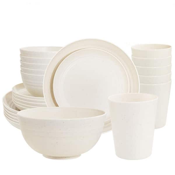 24-Piece Beige Wheat Straw Dinnerware Sets, 12 Plates, 6 Bowls, 6 Cups for Party, Microwave and Dishwasher Safe