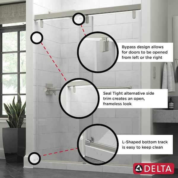 Frameless shower door with glass enclosure and towel hooks. Available to  any size at Delta Gl…