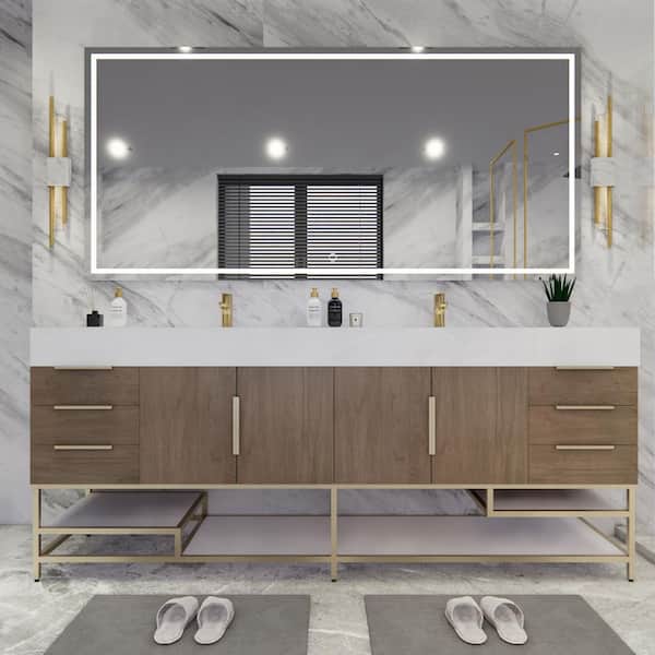 Bethany 84 in. W. x 20 in. D x 36 in. H Double Sink Freestanding Bath Vanity in Light Oak with White Acrylic Top