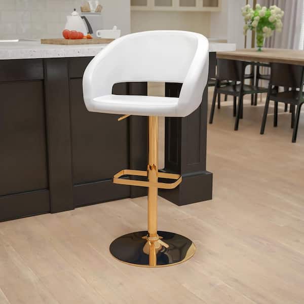Carnegy Avenue Erik 31.5 in. White Vinyl/Gold Frame Metal Adjustable Height Bar Stool with Rounded Back and Gold Base with Vinyl Seat
