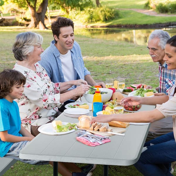 Rectangle Metal Folding Indoor and Outdoor Picnic Table Bench Set with Wood-like Texture Grey