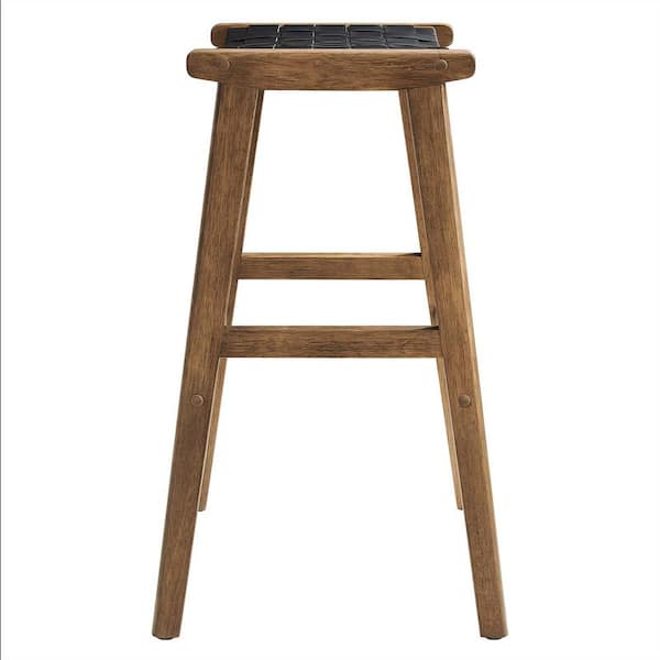 Saorise 29.5 in. Walnut Black Backless Wood Bar Stool Counter Stool with Woven Leather 2 (Set of Included)
