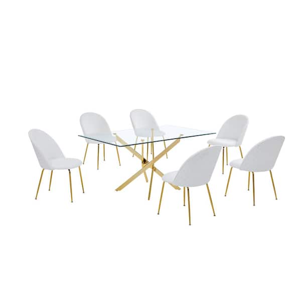Best Quality Furniture Olly 7-Piece Tempered Glass Top Gold Cross Legs Base Dining Set White Leather Chairs Set Seats 6
