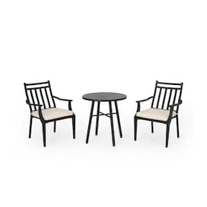 3-Piece Black Metal Outdoor Bistro Set with Round Table and White Cushions for Patio, Balcony And Backyard