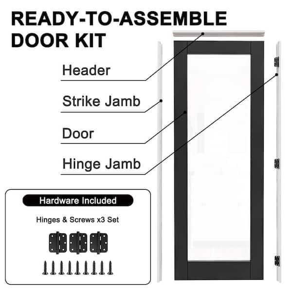 24 in. x 80 in. 1-Lite Clear Glass Left-Hand Black Solid Core Glass Single Prehung Interior Door+ Quick Assemble Jamb