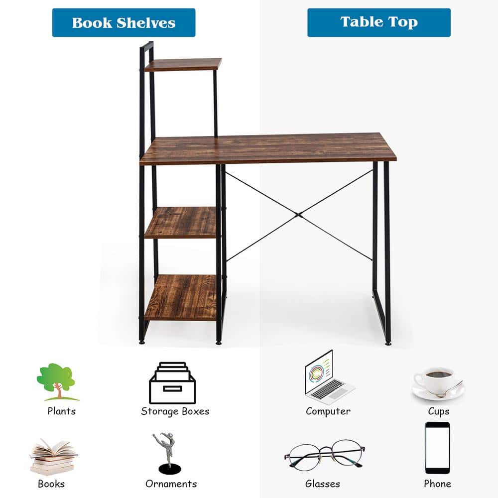 Elegant Corner Writing Desk with 4-Tier Open Shelves in Brown