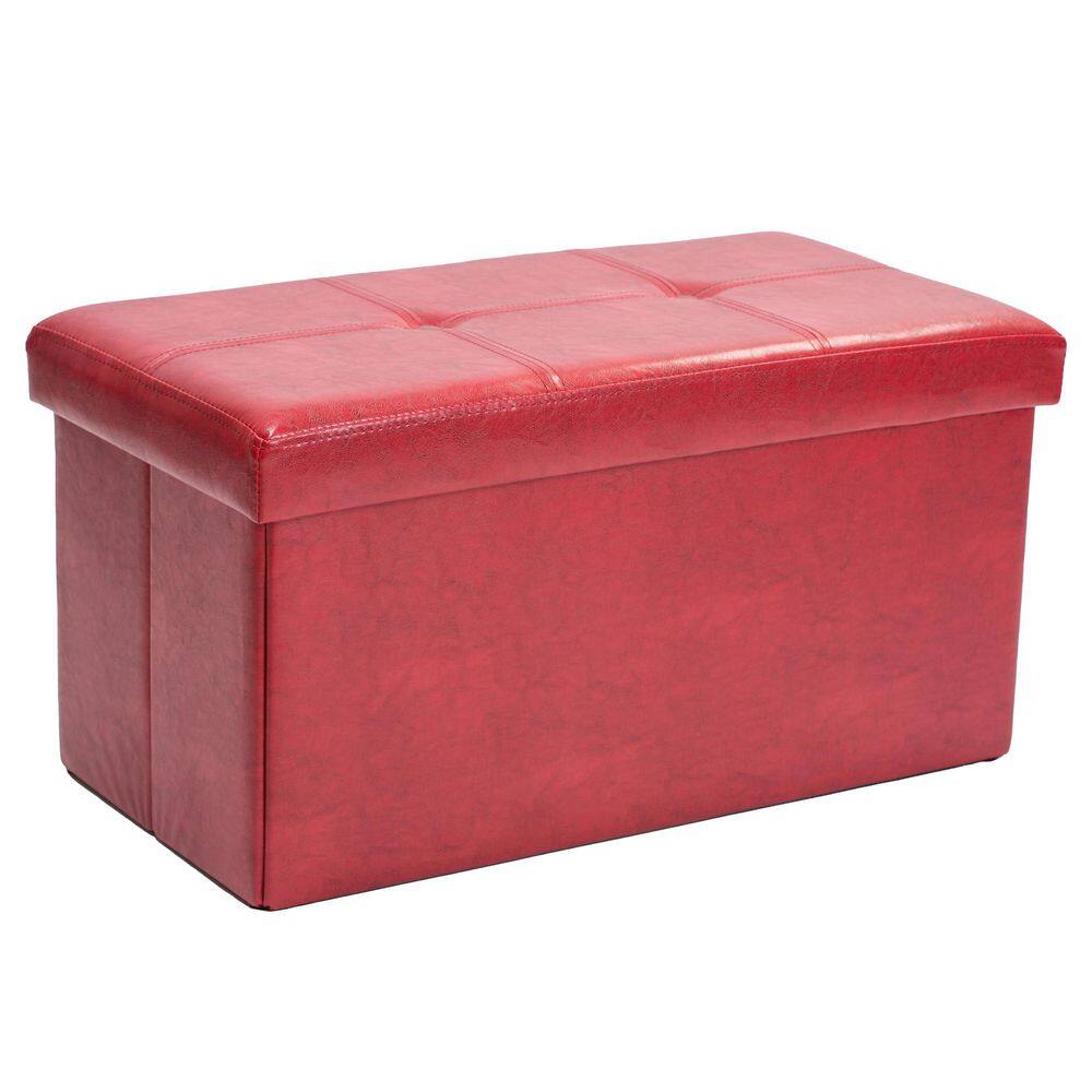 Red rectangular storage ottoman with a tufted top.