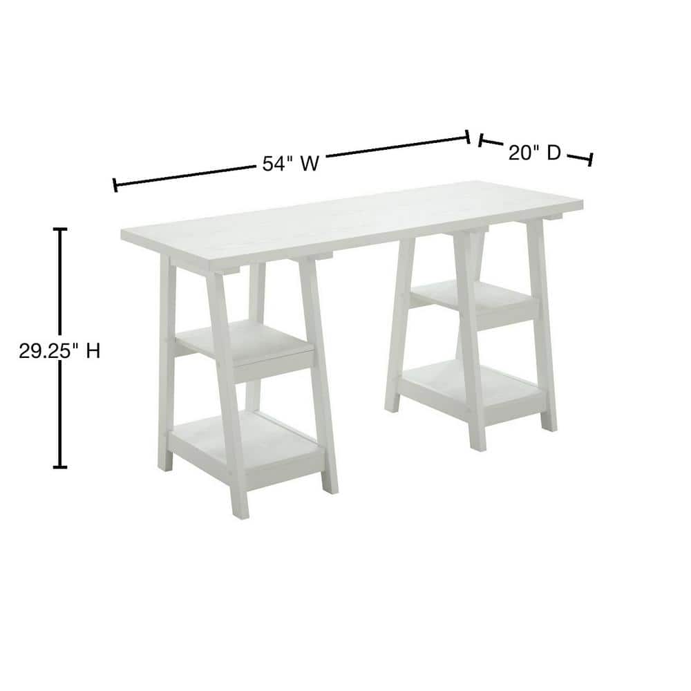 Elegant White Trestle Desk with Spacious Shelves and Ample Surface