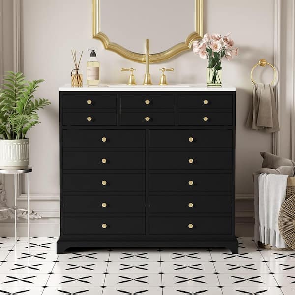 36 in. Single Sink Freestanding Black Bath Vanity with White Ceramic Top and 2 Drawer Storage Cabinet Unassembled