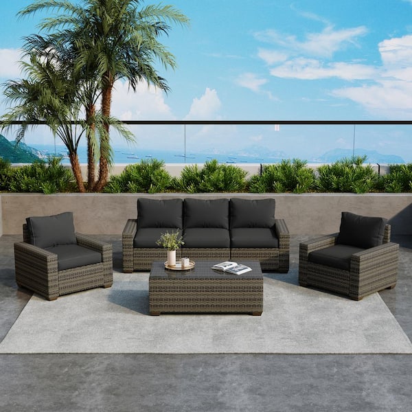 Uixe Taupe 6-Piece Wicker Outdoor Patio Conversation Seating Set with Dark Gray Cushions