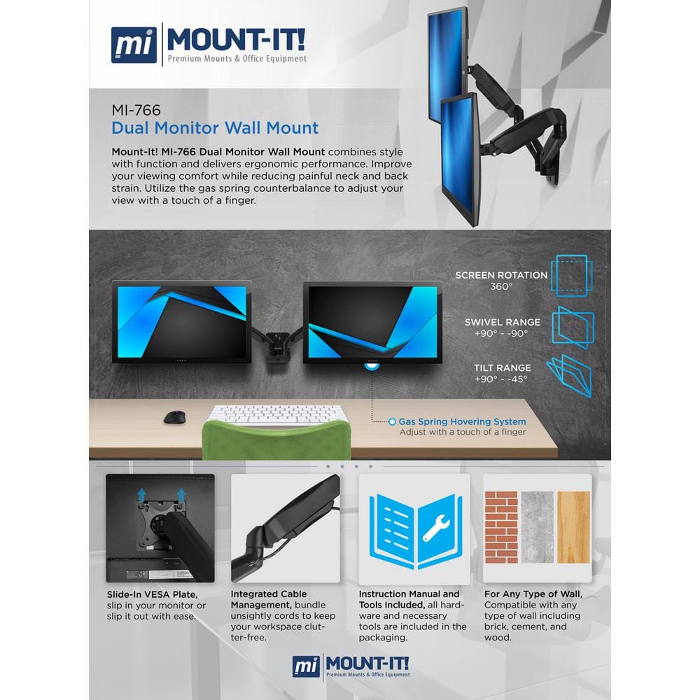 Black Steel Dual Arm Full Motion Monitor Wall Mount