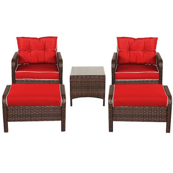Brown 5-Piece Rattan Wicker Patio Conversation Sofa Ottoman Set with Red Cushions