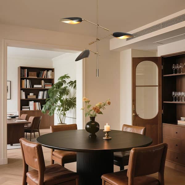 Toltehcwe Modern 3-Light Sputnik Chandelier with Brass and Black Shade, Industrial Adjustable Living Room Pendant Light