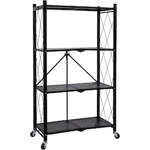 4-Shelf Metal Pantry Organizer-Collapsible/Foldable Shelving with Caster Wheels in Black