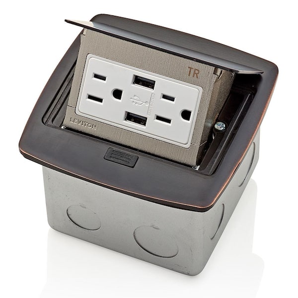 Leviton Pop-Up Floor Box with Dual Type A, 3.6 Amp USB Charger, 15 Amp Outlet, Bronze PFUS1-BZ