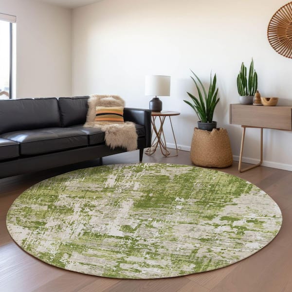 Mayfield Premium Machine Washable Abstract AMF1008 Green 8 ft. x 8 ft. Round Rug