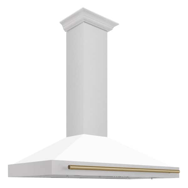 ZLINE Kitchen and Bath Autograph Edition 48 in. Convertible Satin Steel Wall Mount Range Hood with White Shell and Champagne Bronze Handle