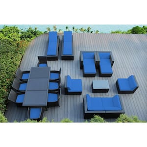 Black 20-Piece Wicker Patio Combo Conversation Set with Supercrylic Blue Cushions
