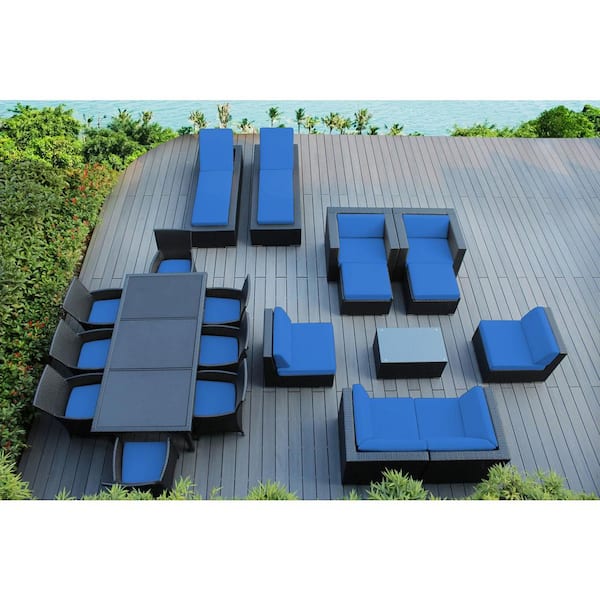 Ohana Depot Black 20-Piece Wicker Patio Combo Conversation Set with Supercrylic Blue Cushions