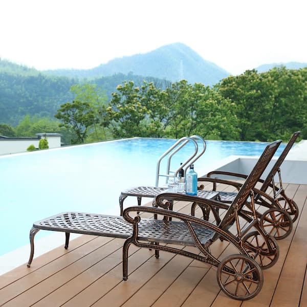 Unbranded Antique Brass Aluminum Outdoor Chaise Lounge Chair Reclining Cast Chaise Lounge with Wheels.