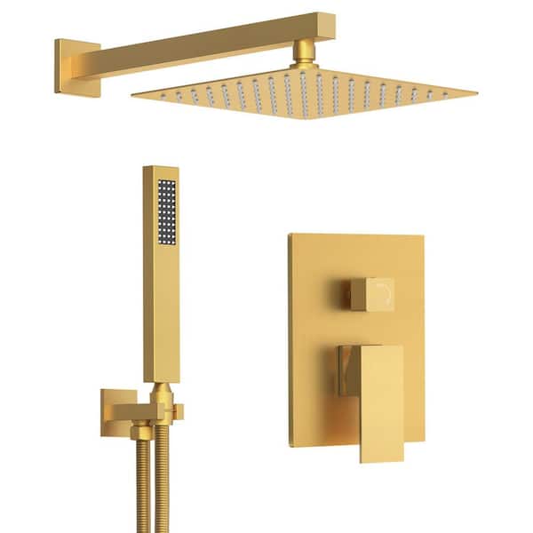 GRANDJOY Pressure Balance 2-Spray Wall Mount 10 in. Fixed and Handheld Shower Head 2.5 GPM in Brushed Gold
