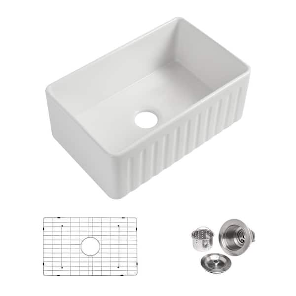 33 in. Farmhouse Single Bowl 18 Gauge White Fireclay Kitchen Sink High-Gloss Porcelain Glaze with Bottom Grid & Strainer