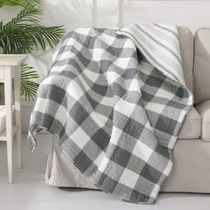 Camden Grey and Cream Checked Quilted Cotton Throw Blanket