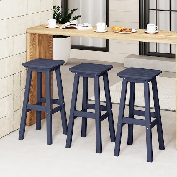 Laguna 29 in. HDPE Plastic All Weather Backless Square Seat Bar Height Outdoor Bar Stool in in Navy Blue, (Set of 3)