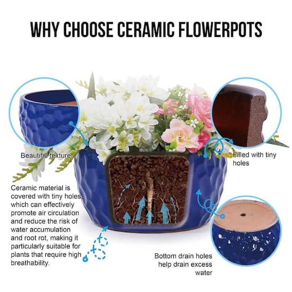 3 Pieces Modern Antique Blue Ceramic Flowerpot, Planter for Patio