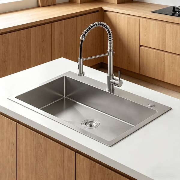32 in. x 19 in. Stainless Steel Single Bowl Drop-In Kitchen Sink with Drain and Hooks in Brushed Nickel