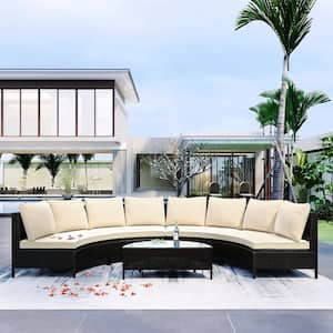 5-Piece Wicker Half Round Patio Conversation Set with Beige Cushions, Tempered Glass Table