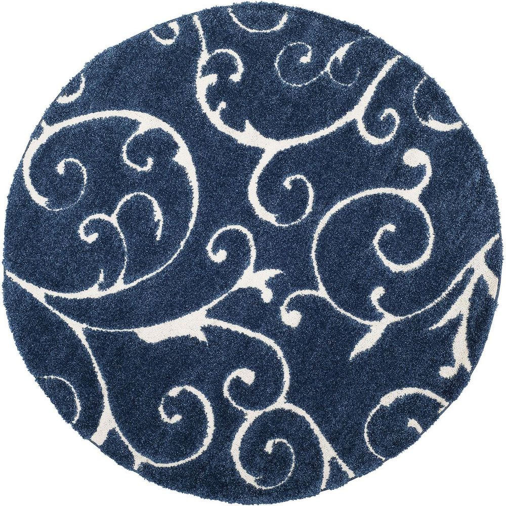 Blue Polypropylene 4 ft. x 4 ft. Floral Indoor Round Area Rug