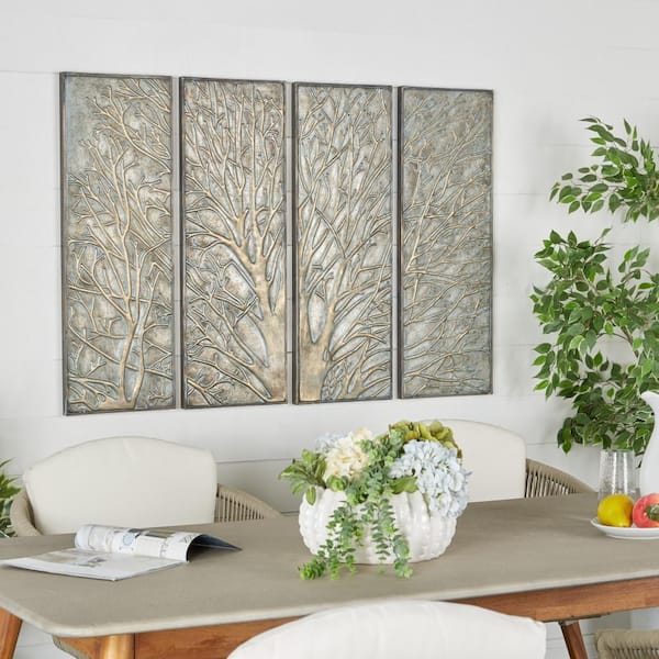 Litton Lane Gold with Blue Patina Metal Tree Wall Decor (Set of 4)