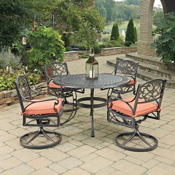 HOMESTYLES Biscayne Rust Bronze 5-Piece Cast Aluminum Outdoor Dining Set with Coral Cushions