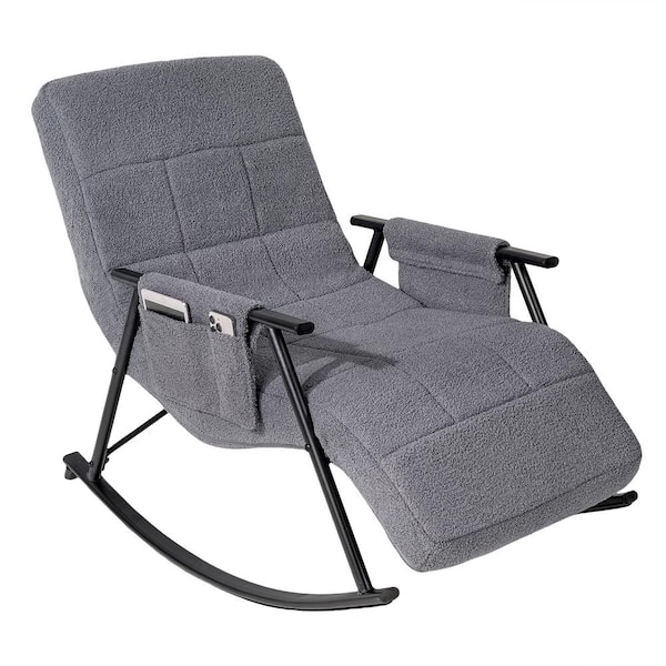 Outdoor Rocking Chair, Teddy Fabric Upholstered Patio Rocking Chair with Storage Bag, Gray Outdoor Rocker