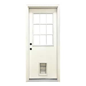 32 in. x 80 in. Reliant Series Clear 9 Lite RHIS White Primed Fiberglass Prehung Front Door with Med Pet Door