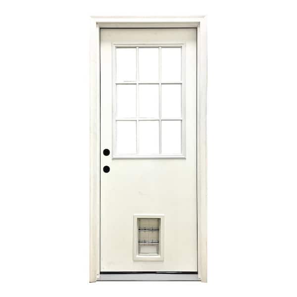 Steves & Sons 32 in. x 80 in. Reliant Series Clear 9 Lite RHIS White Primed Fiberglass Prehung Front Door with Med Pet Door