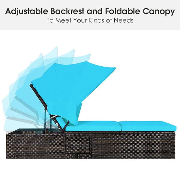 Rattan Wicker Patio Chaise Lounge Chair with Adjustable Canopy Turquoise Cushion