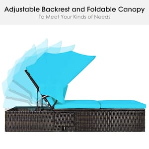 2-Pieces Rattan Patio Chaise Lounge Chair with Adjustable Canopy Turquoise Cushion
