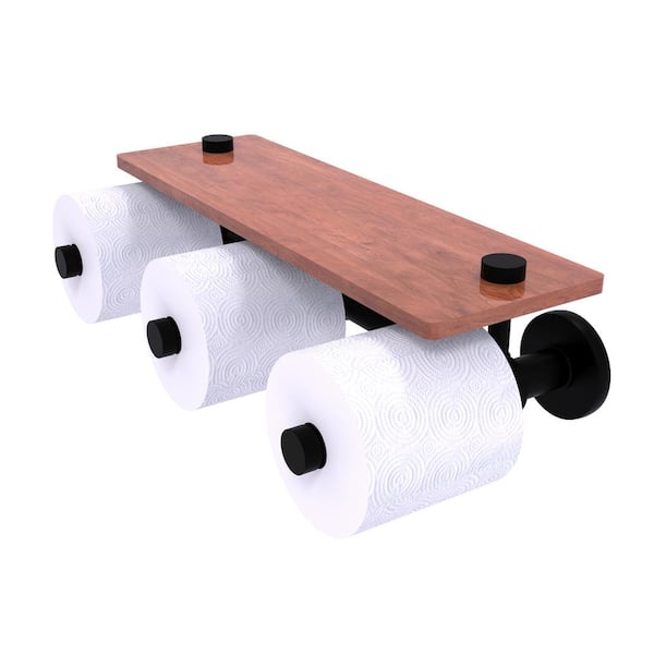 Allied Brass Prestige Skyline Collection Wall Mounted Toilet Paper Holder in Matte Black with Wood Shelf
