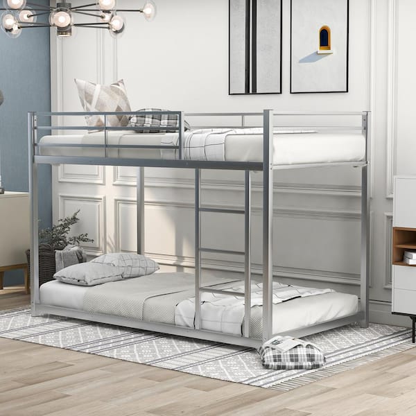 Harper & Bright Designs Silver Twin Over Twin Metal Low Bunk Bed with Ladder