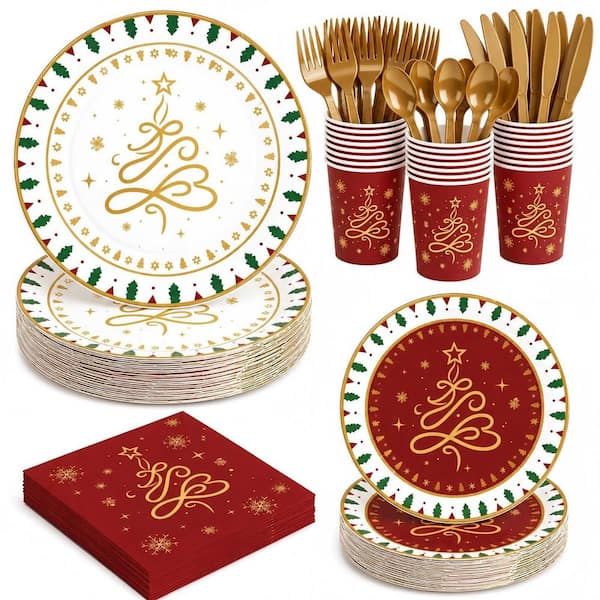 168-Piece Christmas Party Supplies Tableware Set, Disposable Red Paper Dinnerware Set, (Service for 24)