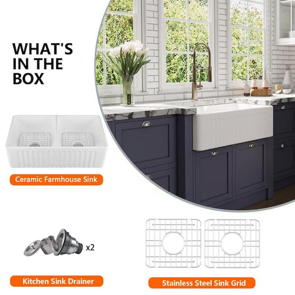 Eclipse White Ceramic 33 in. L 50/50 Rectangular Double Basin Farmhouse Apron Kitchen Sink with Grid and Strainer