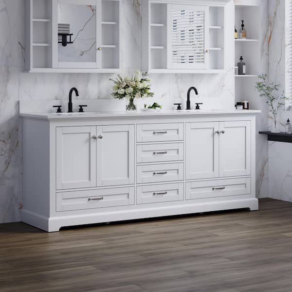 80 in. Double Sink Freestanding White Bath Vanity with White Cultured Marble Top and Backsplash (Fully Assembled)
