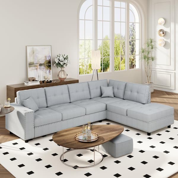 109.2 in. W Square Arm Velvet 4-piece L-Shaped Sectional Sofa in. Blue with Removable Back Cushions