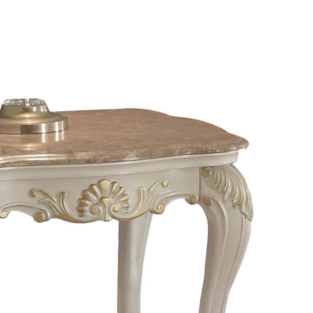 Pearl White and Gold Rectangular Wooden End Table with Marble Top and Storage