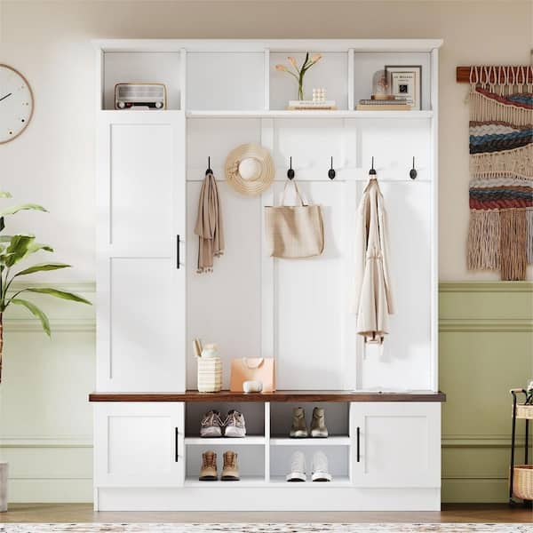 Farmhouse Hall Tree with 6 Hooks, Walnut Storage Bench with Adjustable Shelves, Storage Space, White plus Deep Walnut