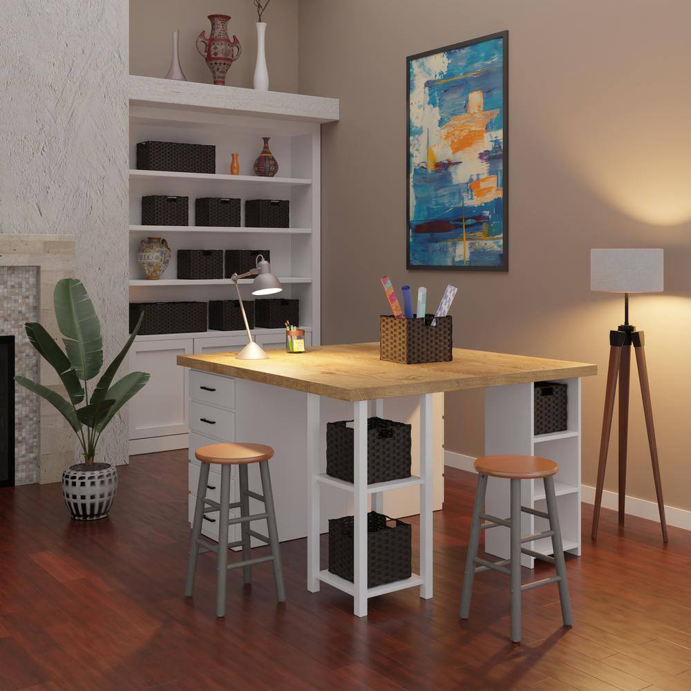 24" Gray and Teak Backless Wood Counter Stools Set
