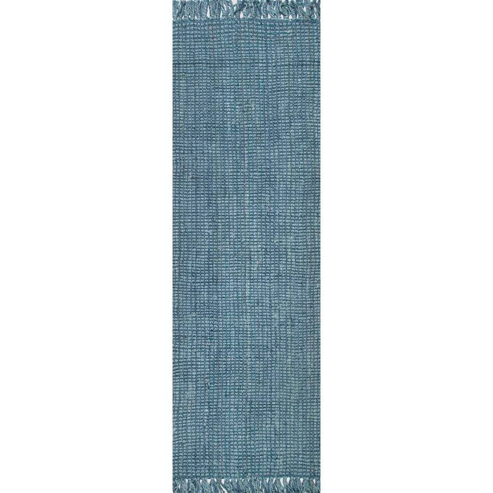 Handcrafted Blue Jute Rectangular Runner Rug, 2' 6" x 12'